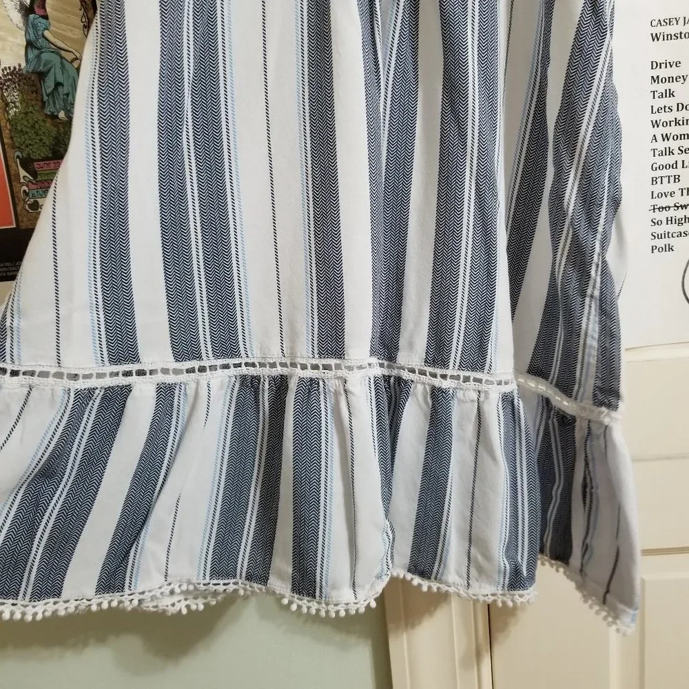 Ocean Drive dress Medium striped beach boho pom trim crochet inset sleeveless - Picture 4 of 10